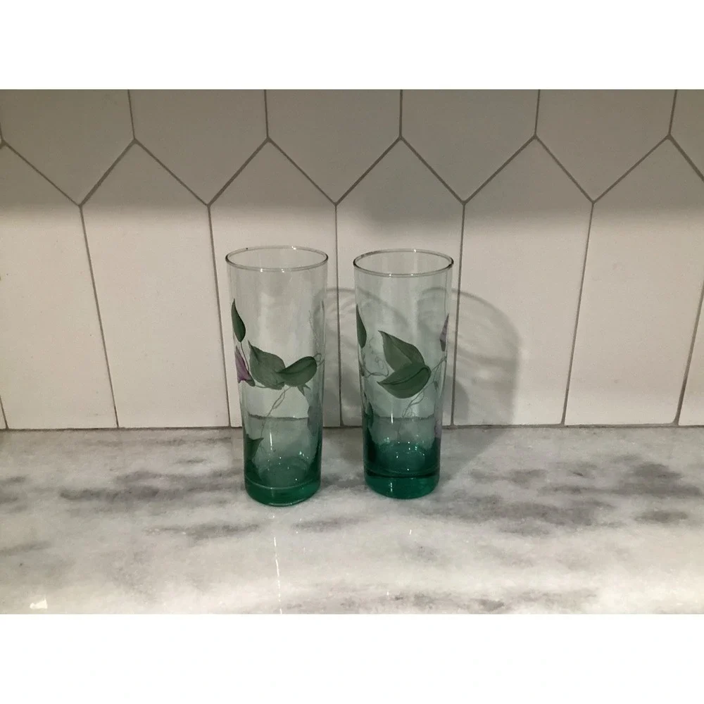 Vintage Fenton Signed 2 Hand Painted Green‎ Floral Highball Tumblers Glasses